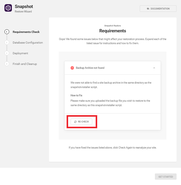 Details of issue found by the Snapshot installer wizard