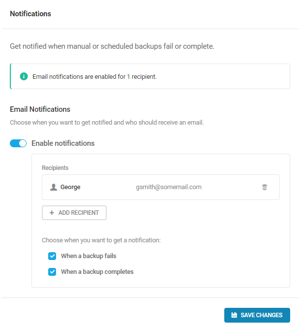 email notifications settings for backups