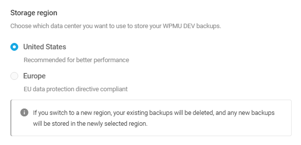 Select WPMU DEV cloud storage region in Snapshot 4.0