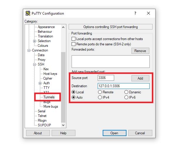 Creating an SSH tunnel with PuTTY