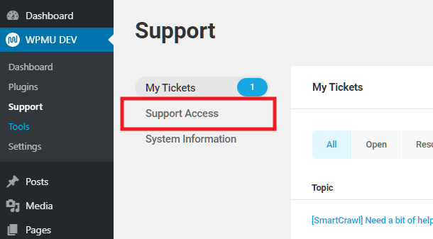 Support access in WPMU DEV Dashboard plugin