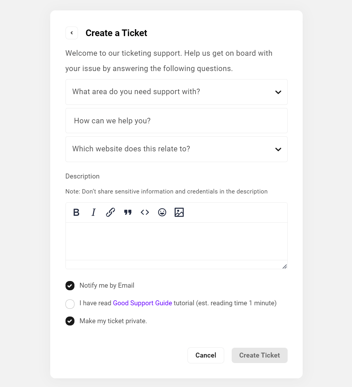Creating a support ticket in the Hub
