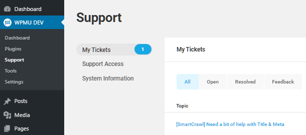 Support tickets in WPMU DEV Dashboard plugin