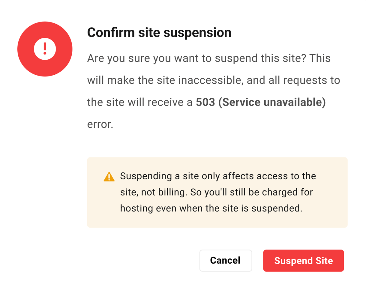 Confirm suspend site action modal