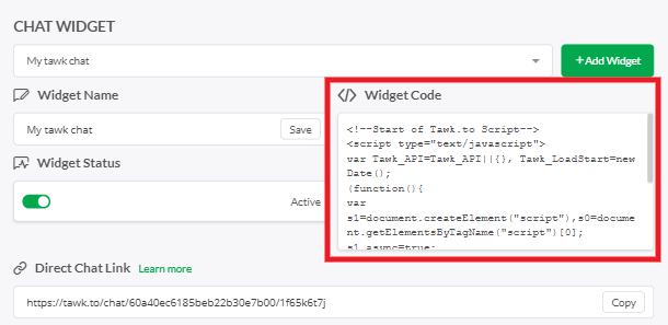 Copy widget code from Tawk.to account