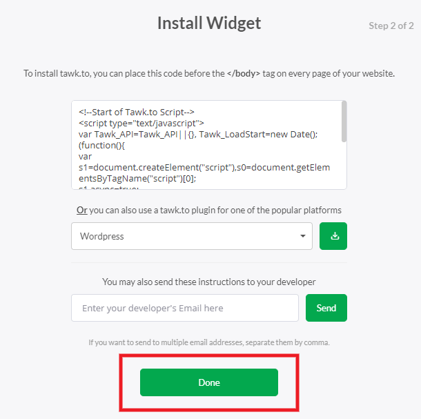 New chat widget created in Tawk.to account