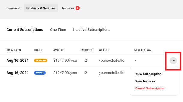 Allows the user to cancel & reactivate subscriptions, or re-bill for a client's one-time billed products.