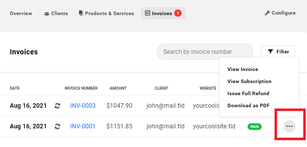 Allows the user to access management options for invoices.
