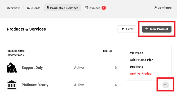 Allows the user to add, edit & manage products & pricing plans.