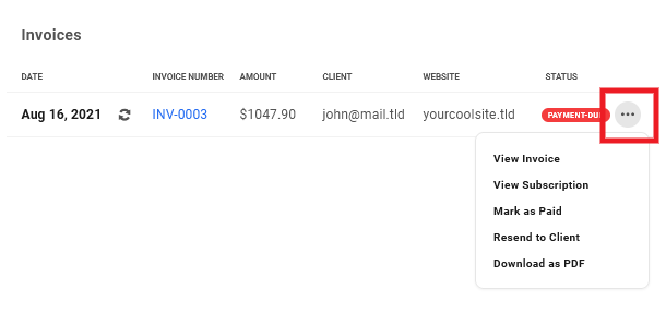 Allows the user to access management options for site invoices.
