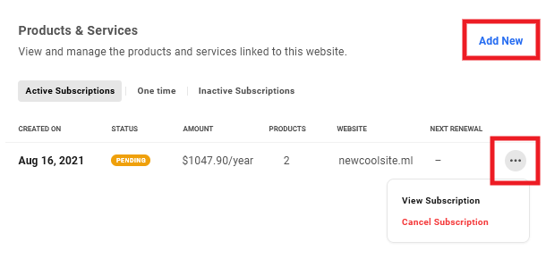 Allows the user to access management options for existing site products, and add new ones to sites.