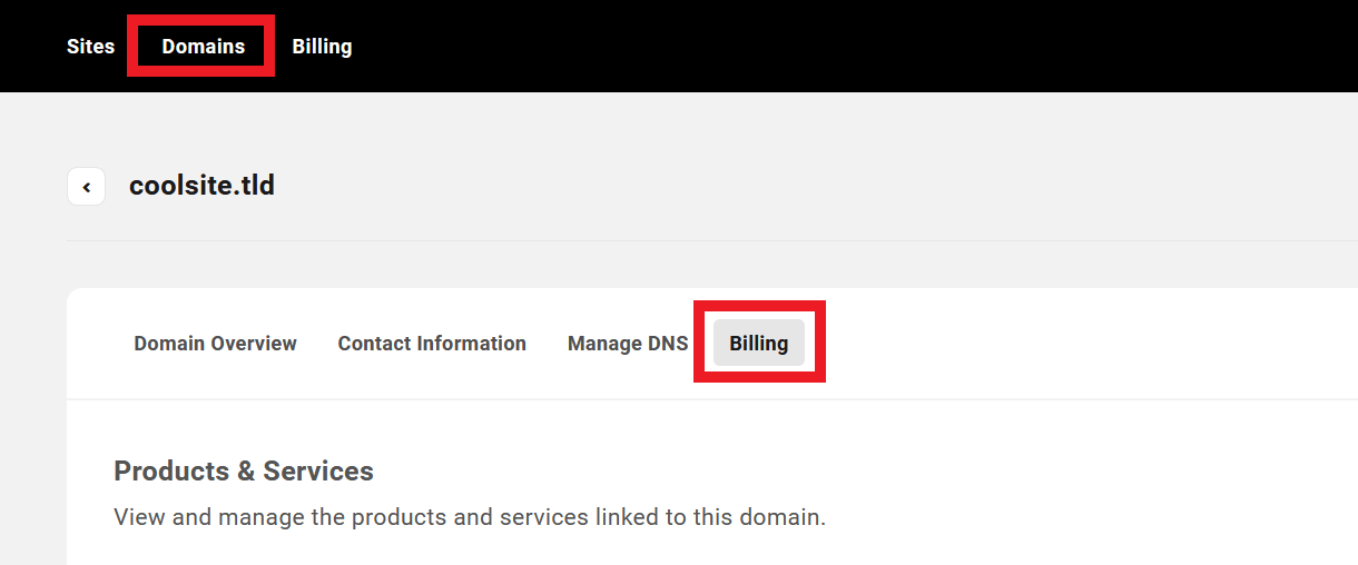 Allows the client to access all product & invoice information under the Billing tab for any registered domain associated with them