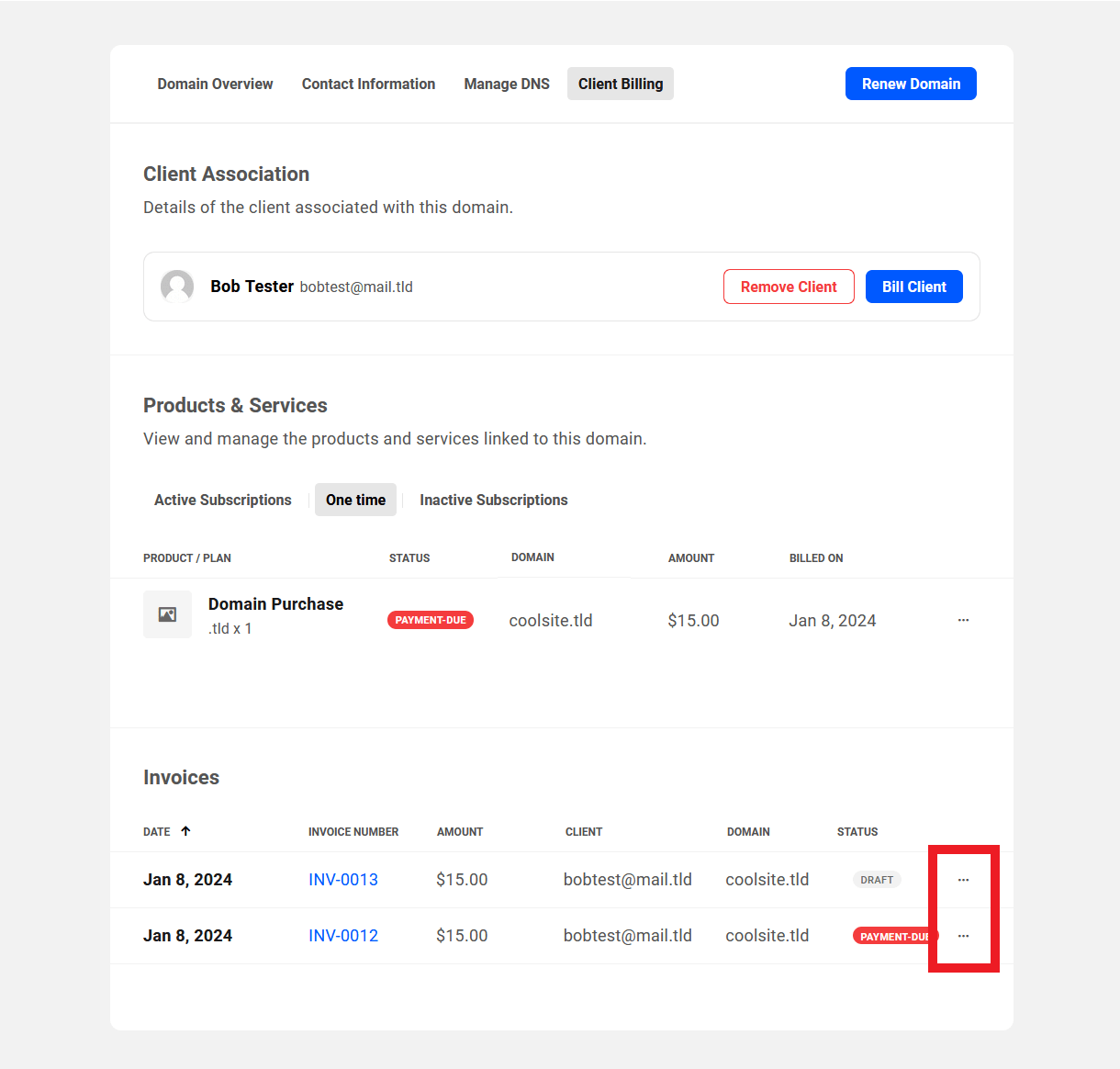 Allows the user to action any available option for a registered domain invoice