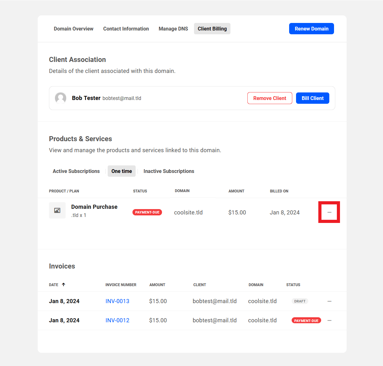 Allows the user to action any available option for a registered domain product