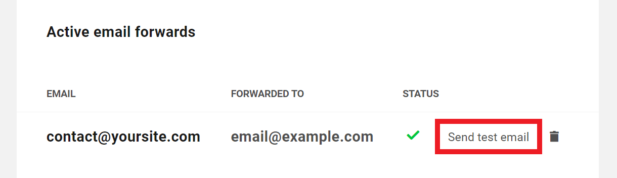 Allows the user to send a test email for an email forwarding address