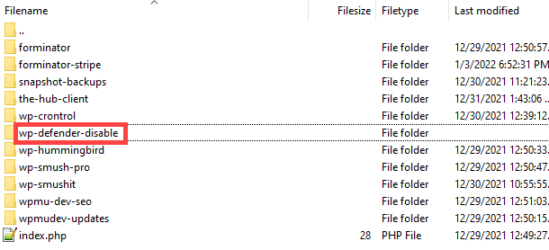 Temporarily disabling the Defender plugin by renaming it using FTP