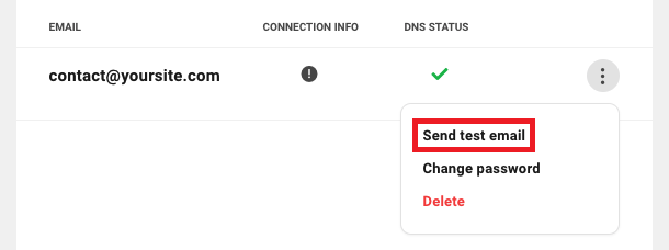 Allows the user to send a test email to an email account on a site.