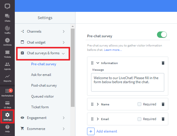 Edit widget forms in LiveChat account