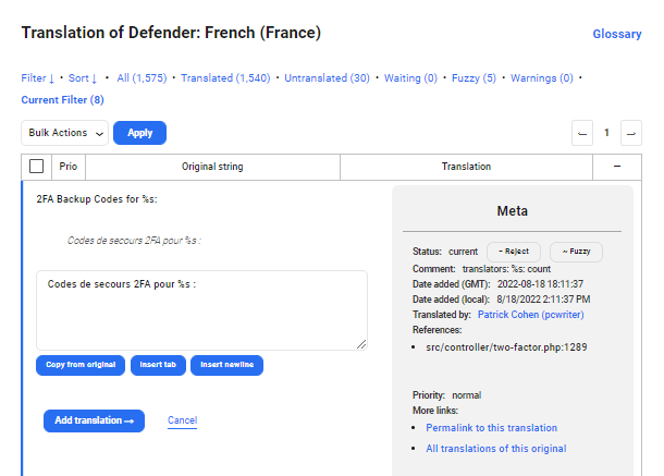 String selected in WPMU DEV project translation