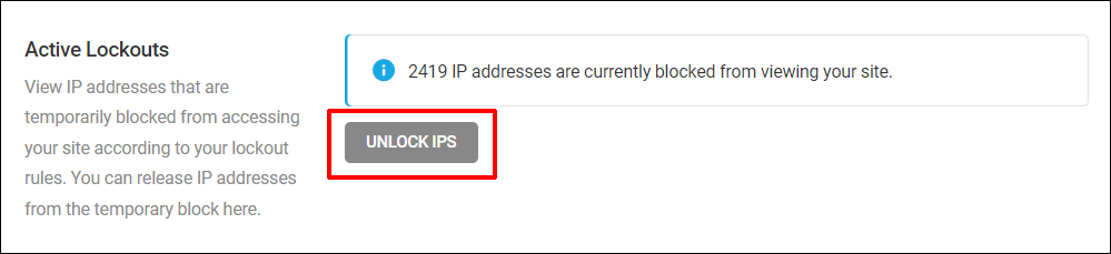 Defender - Active Lockouts - Unlock IPs button highlighted.