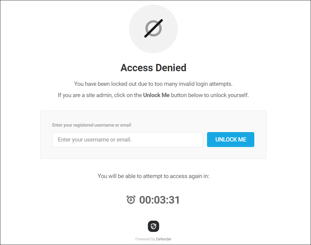Defender's Unlock Me feature screen.