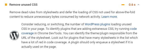 Google PageSpeed remove unused CSS metric