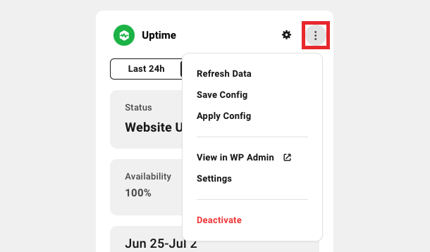Uptime module settings dropdown menu
