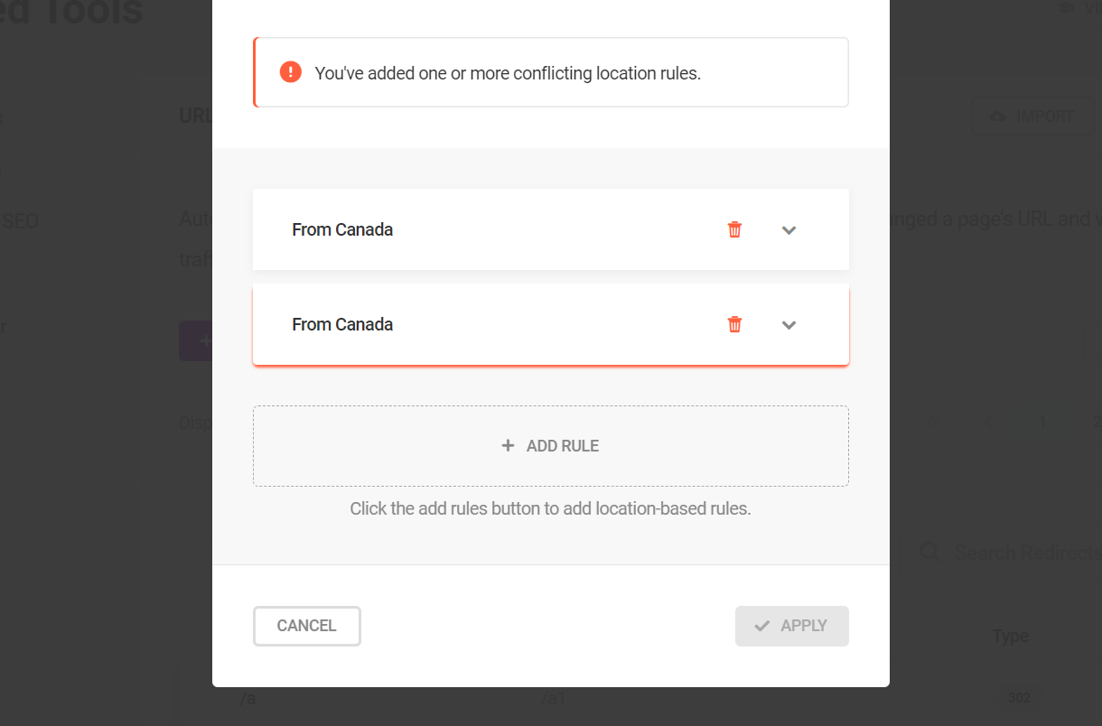 Notice of conflicting location-based URL redirection rules in SmartCrawl