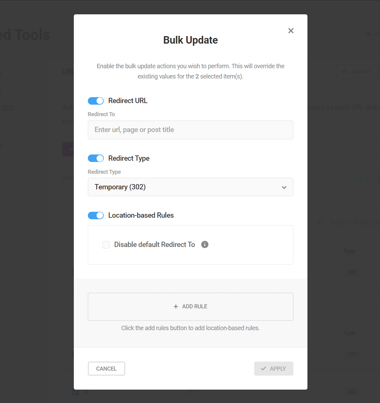 Bulk update URL redirects in SmartCrawl