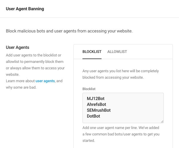 User agent allowlist/blocklist
