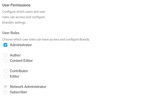 Screenshot of user permissions showing only admin ticked