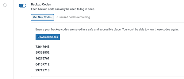 A list of backup codes.