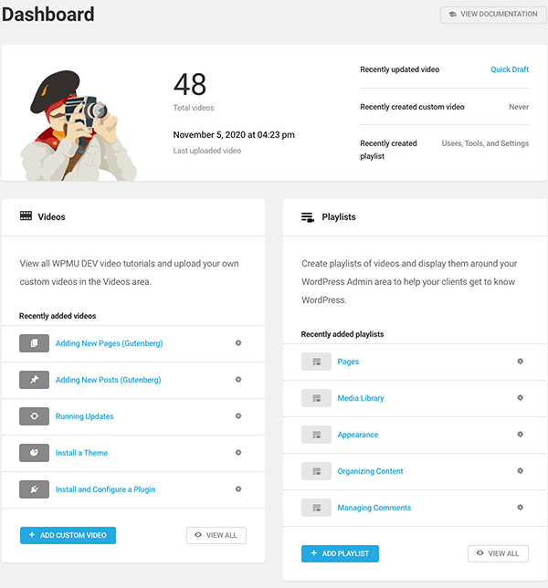 The videos dashboard.