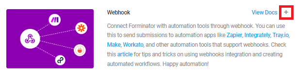 Clicking the plus icon to activate Webhook integration