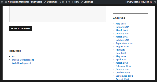 the widget menu in the front-end