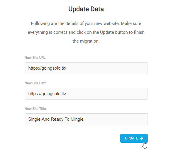 Migration Wizard - Update Data modal