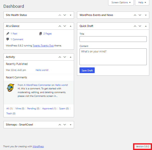 wordpress version on wp admin