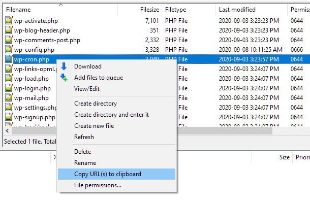 Copy wp-cron URL in Filezilla