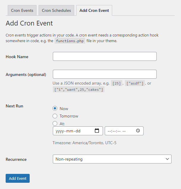 Add a new cron job in WP-Crontrol