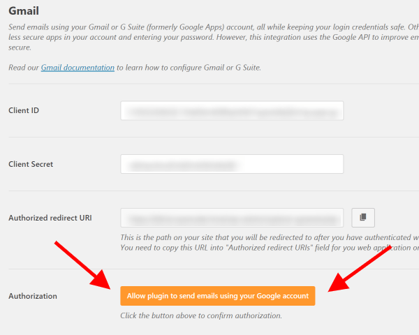 Screenshot of WP Mail SMTP Authorize Plugin to Use Gmail API