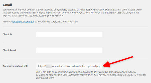 Screenshot of WP Mail SMTP Plugin Gmail Redirect URL