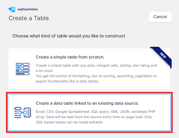 Create a table with wpDataTables