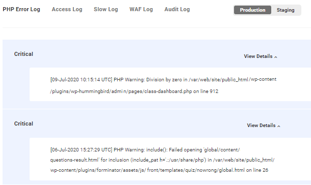 WPMU DEV PHP error log